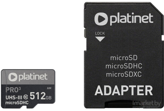 Карта памяти Platinet microSDXC SECURE DIGITAL + ADAPTER SD 512GB class10 UIII A2 90MB/s [PMMSDX512UIII]