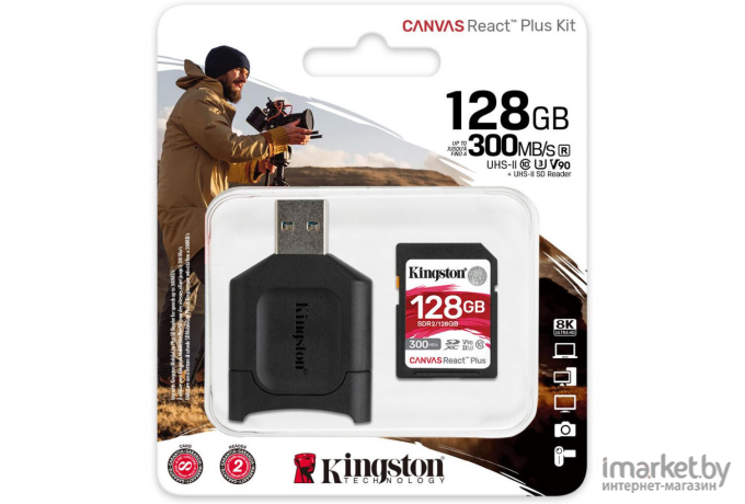 Карта памяти Kingston SDXC Canvas React Plus 128 Гб UHS-II Class U3 V90 [MLPR2/128GB]