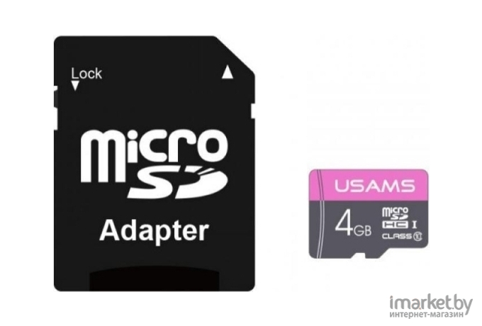 Карта памяти Usams MicroSDHC 4Gb Class 6 US-ZB115 High Speed +Адаптер розовый [ZB115TF01]