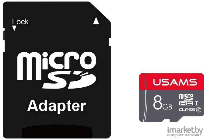 Карта памяти Usams MicroSDHC 8Gb Class 6 US-ZB116 High Speed +Адаптер красный [ZB116TF01]