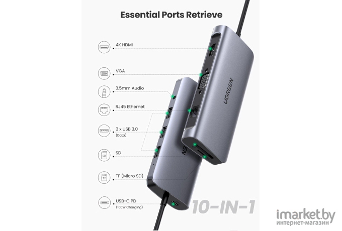 USB-хаб Ugreen CM179 USB-C серый [80133]