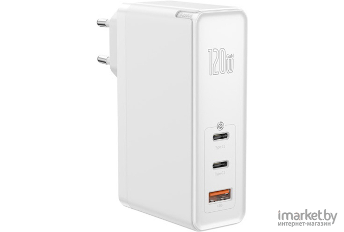 Сетевое зарядное устройство Baseus CCGAN-J02 GaN Mini Quick Charger 2xType-C+1xUSB 120W (кабель Type-C-Type-C 100W) White (Baseus GaN Mini Quick Charger C+C+A 120W EU (With Mini White 1m 5A C-C Cable,With E-mark Chip 1m 100W) White (CCGAN-J02))