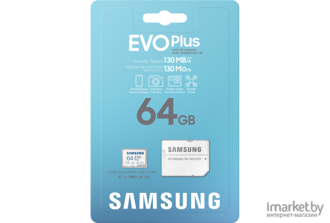 Карта памяти Samsung microSDXC 64Gb EVO+ Class 10 UHS-I U3 + SD Adapter [MB-MC64KA/RU]