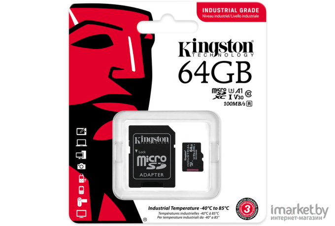 Карта памяти Kingston microSDHC 64Gb Class10 с адаптером [SDCIT2/64GB]