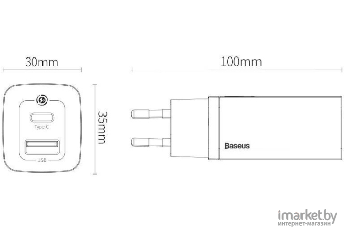 Сетевое зарядное устройство Baseus GaN2 Lite Quick Charger Type-C+USB 65W White (CCGAN2L-B02)