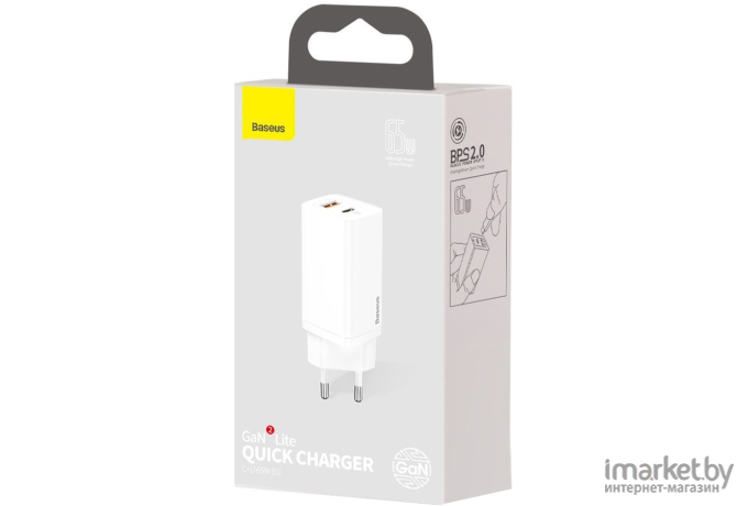 Сетевое зарядное устройство Baseus GaN2 Lite Quick Charger Type-C+USB 65W White (CCGAN2L-B02)