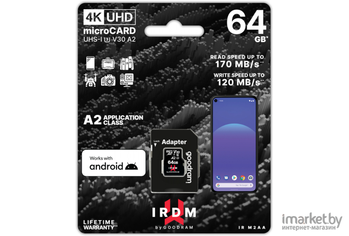 Карта памяти GOODRAM MICRO CARD Class 10 UHS I U3 64GB [IR-M2AA-0640R12]