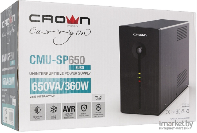 Источник бесперебойного питания CROWN Line Intractive CMU-SP650EURO USB 650VA\360W металл [CM000001861]