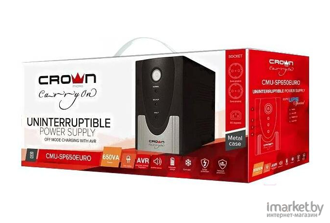 Источник бесперебойного питания CROWN Line Intractive CMU-SP650EURO USB 650VA\360W металл [CM000001861]