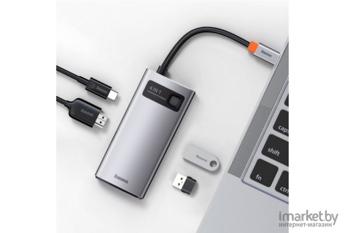 USB-хаб Baseus CAHUB-CY0G Metal Gleam Series 4-in-1 Multifunctional HUB Docking Station Type-C to USB2.0+USB3.0+HDMI+Type-C Gray (Baseus Metal Gleam Series 4-in-1 Multifunctional Type-C HUB Docking Station U2.0+U3.0+HDMI+C Gray (CAHUB-CY0G))