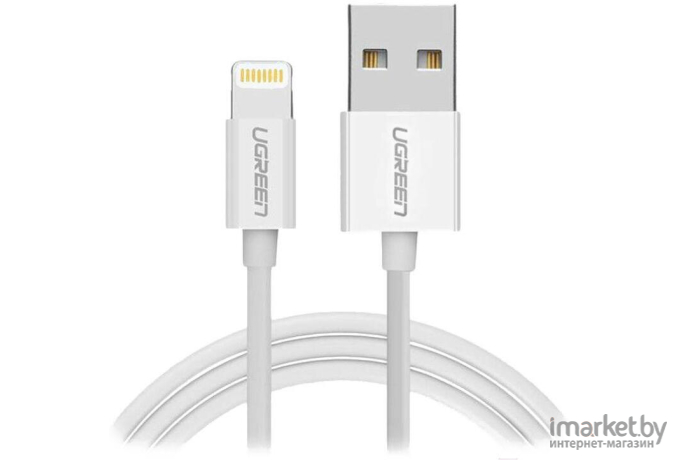 Кабель UGREEN US155-20728, USB-A 2.0 to Lightning, Apple MFI certified, 2,4A, силиконовый, 1m, белый (ритейл упаковка)