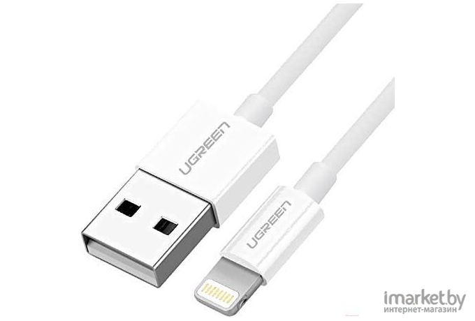 Кабель UGREEN US155-20728, USB-A 2.0 to Lightning, Apple MFI certified, 2,4A, силиконовый, 1m, белый (ритейл упаковка)