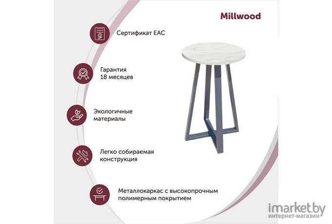 Журнальный столик Millwood Лофт СТ-4 Л 40х40х65 дуб табачный Craft/металл черный