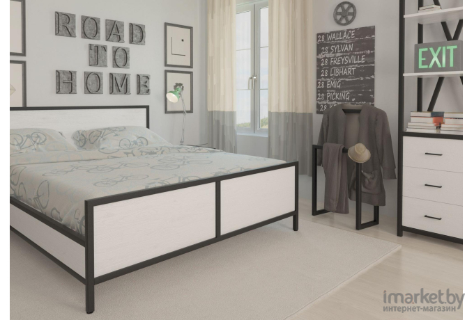 Кровать Millwood Neo Loft КМ-2.6 Л 207х166,5х94 дуб белый Craft/металл черный