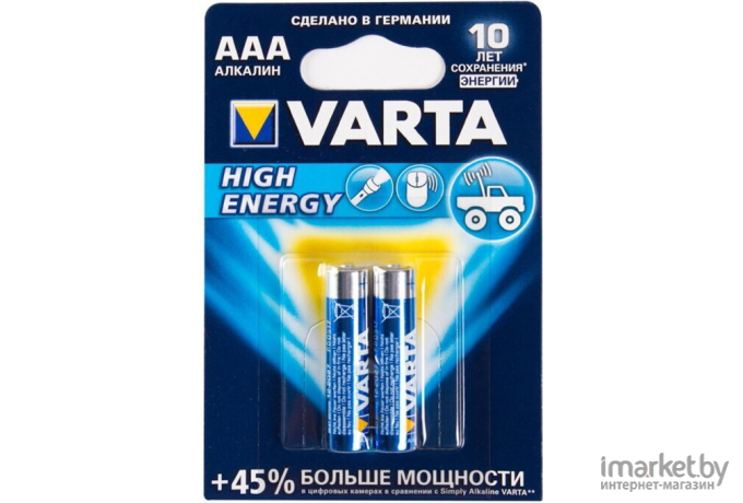 Батарейка LR03 Alkaline (пальчиковая маленькая AAA) Varta Longlife Power упаковка 2 шт.