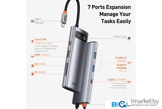 Док-станция Baseus Metal Gleam Series 7-in-1 Multifunctional Type-C HUB Docking Station Gray (WKWG020113)