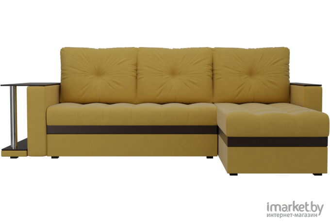 Угловой диван Лига Диванов Атланта М правый микровельвет желтый/вставка коричневый (105551)