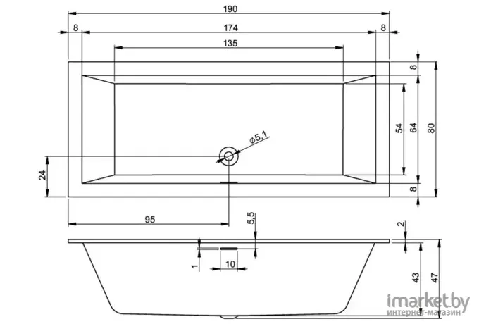 Ванна Riho Rethink Cubic 180x80 с ножками (B106001005+207093)