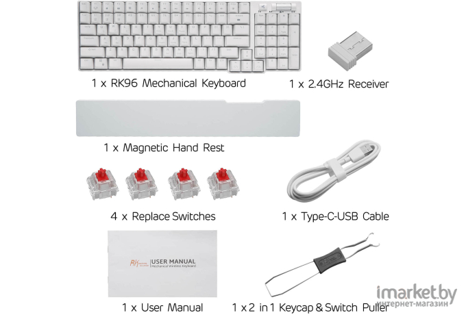 Клавиатура Royal Kludge RK96 White (USB/2.4 GHz/Bluetooth, RGB, Hot Swap, Red switch)