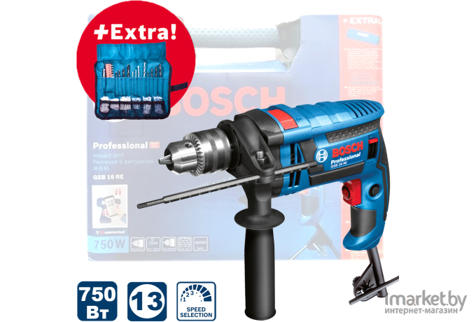 Дрель ударная Bosch Professional Hammer Drill GSB 16 RE + набор оснастки 100 шт (0.601.228.1K2)