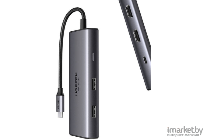 Док-станция UGREEN CM498-15852 USB-C to2*USB-A 3.0+USB-C 3.0+2*HDMI 8K@30Hz+PD port, Space Gray