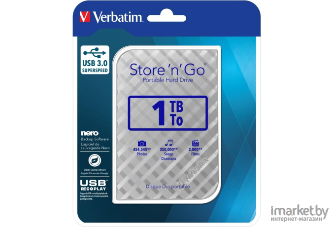 Внешний жесткий диск Verbatim Store n Go USB 3.0 1TB Серебристый [53197]