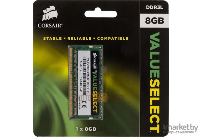 Оперативная память Corsair Value Select 8GB DDR3 SO-DIMM PC3-12800 (CMSO8GX3M1C1600C11)