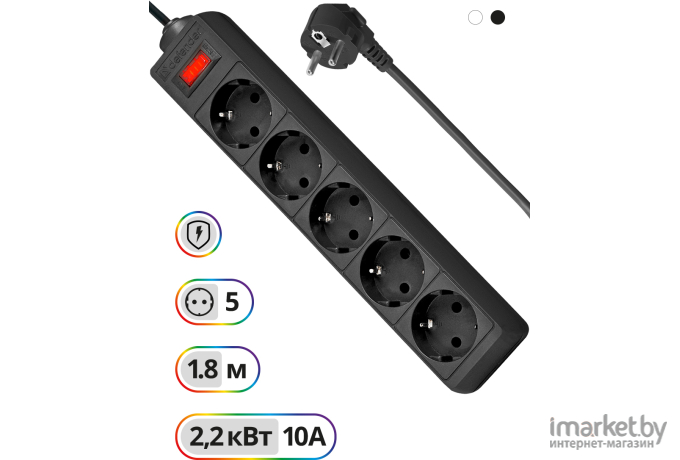 Сетевой фильтр Defender ES 1.8 1.8 м, черный, 5 розеток